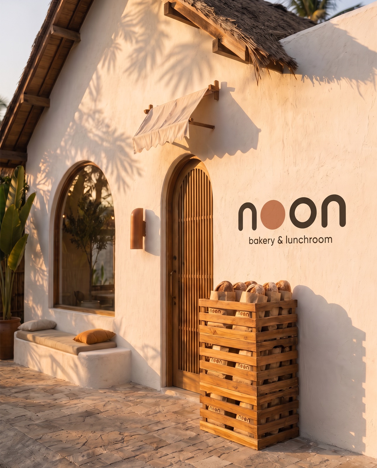 wooden crates with noon-stamped bread bags stacked by the bakery door at sunrise, ready for the morning delivery
