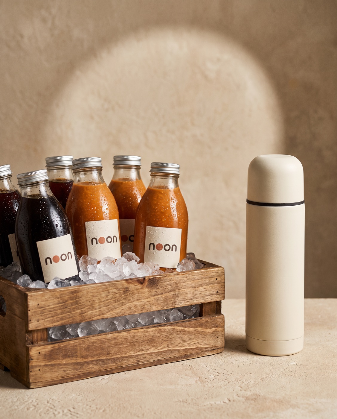 noon cold brew and thai iced tea bottles standing in a crate of ice