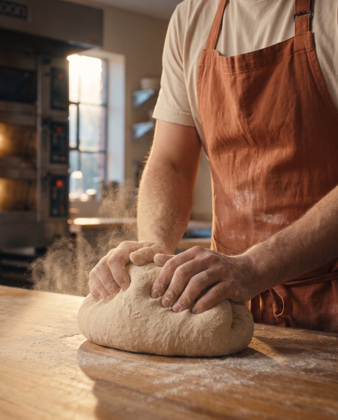 the baker's hands kneading a ball of sourdough dough on the floured workbench before sunrise