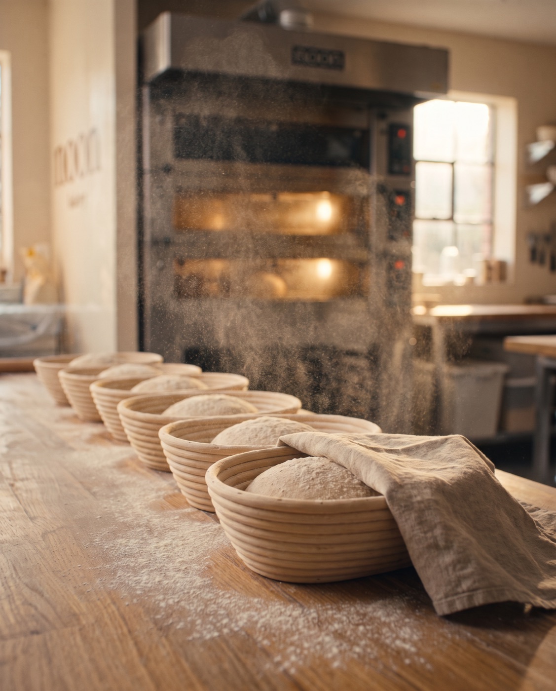 rattan proofing baskets with rising sourdough dough under a linen cloth in warm morning light