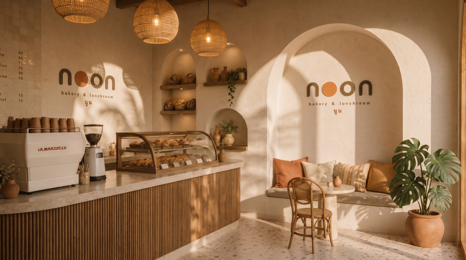 the counter at opening: pastry display on the teak counter, sourdough in lit arched niches, the noon wordmark on the limewash wall