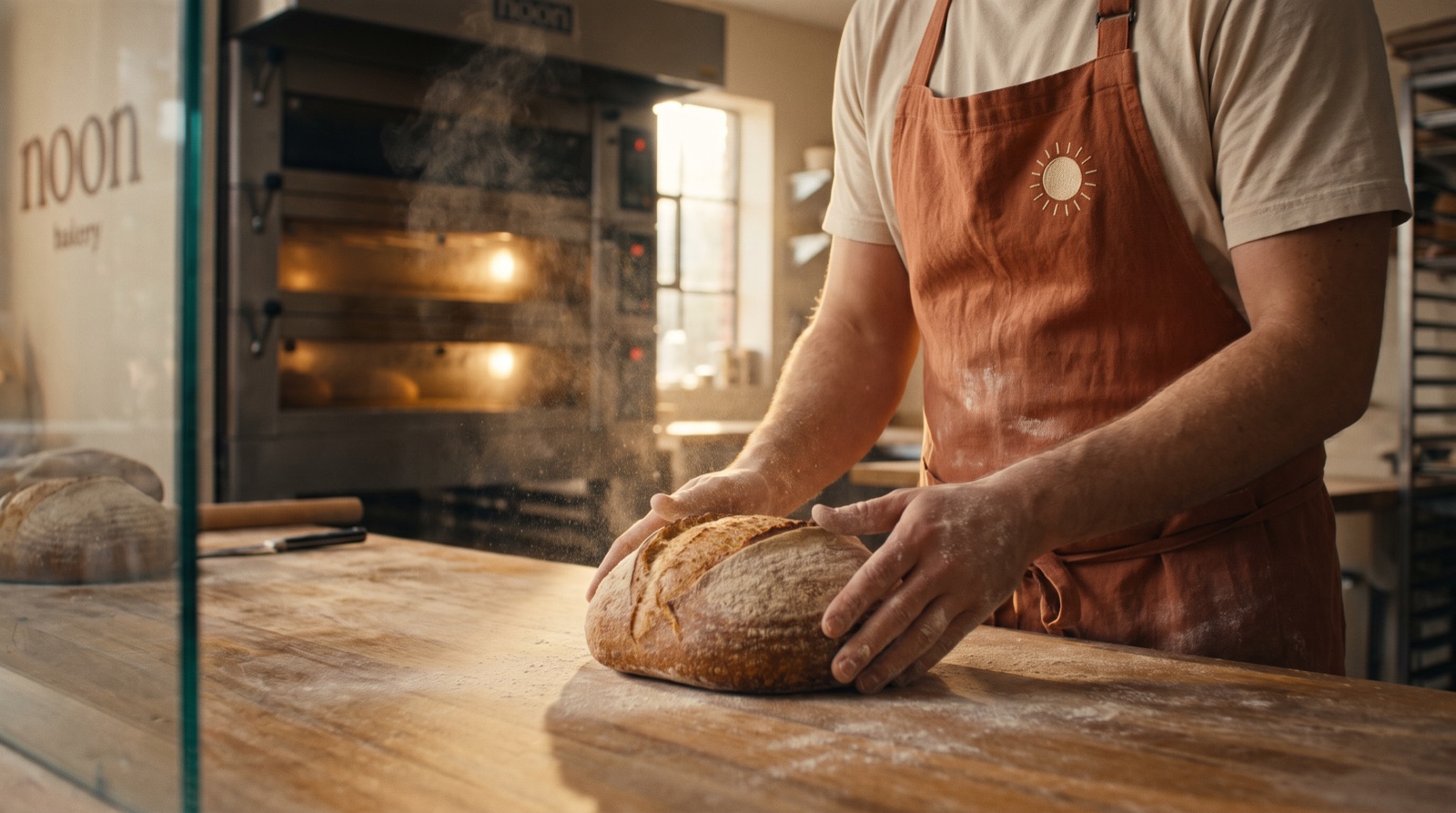 the baker pressing a fresh sourdough loaf on a floured bench, flour dust in the air, ovens glowing behind glass