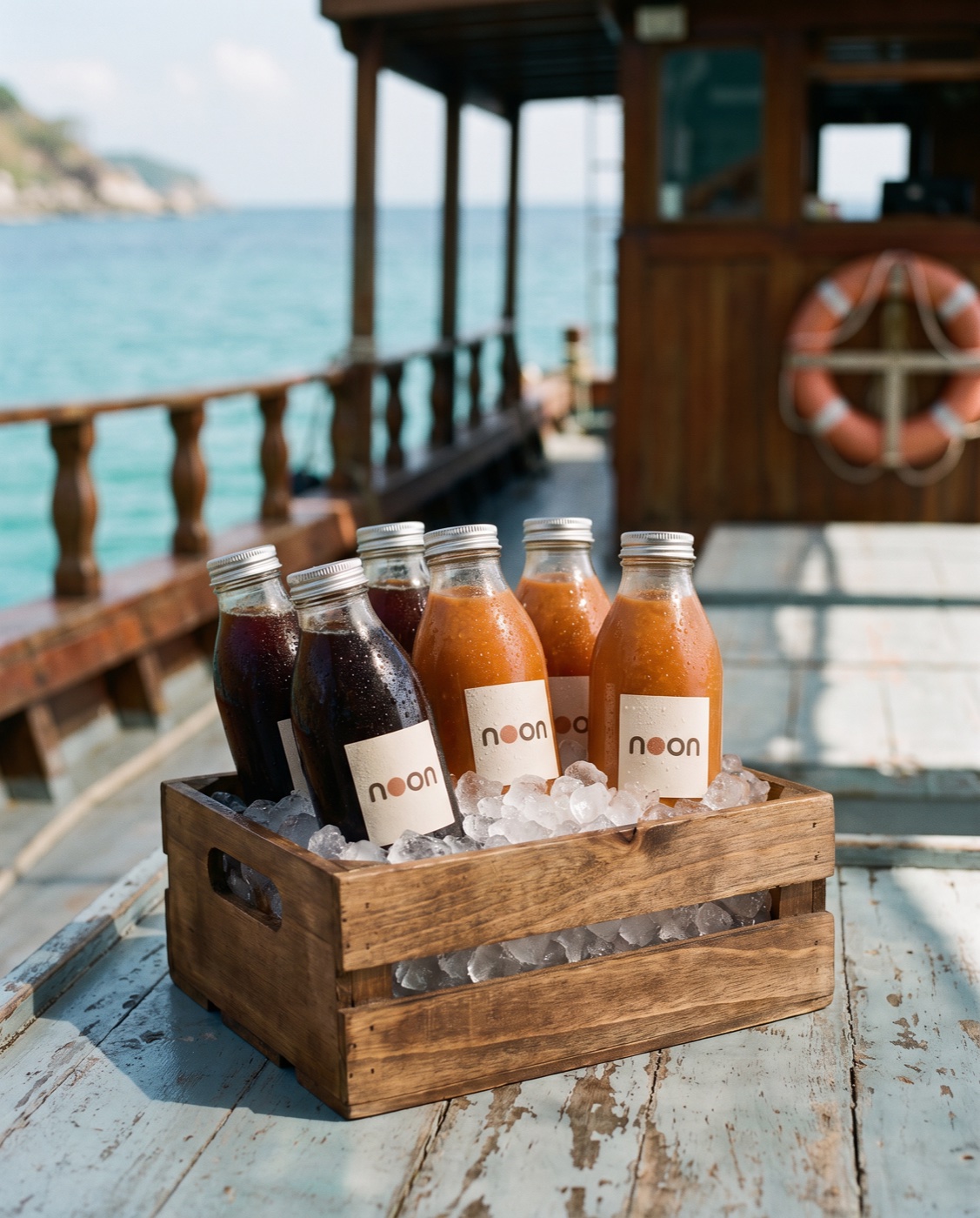 noon cold brew and thai iced tea bottles on ice in a crate on the deck of a koh tao dive boat