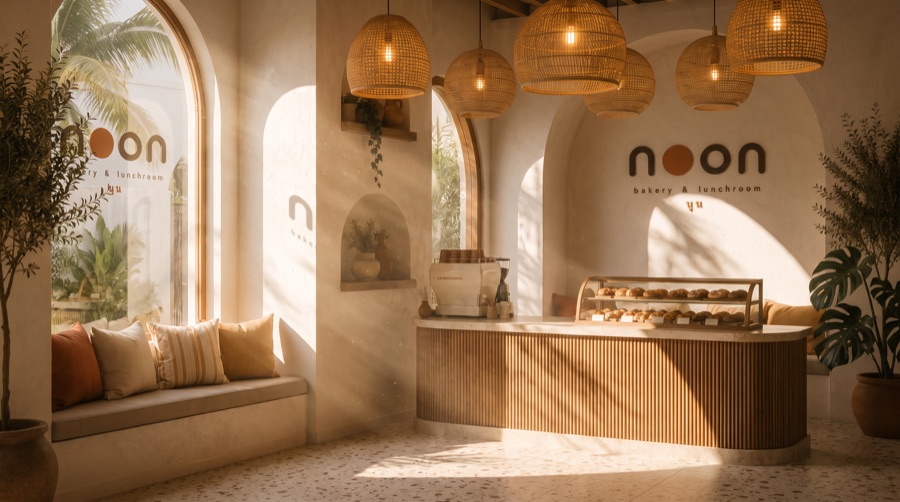 the counter with arched niches and rattan pendants in warm light