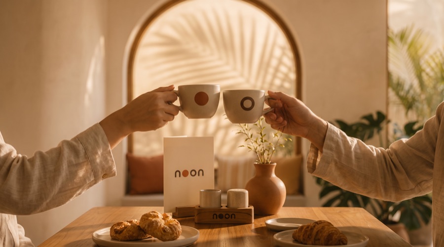 two hands toasting with cream noon cups over the table