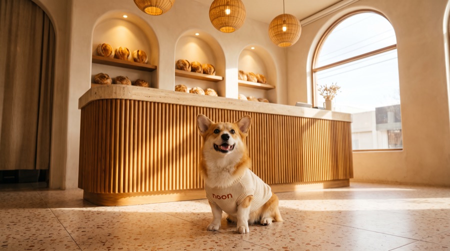 a corgi sitting in front of the reeded teak counter