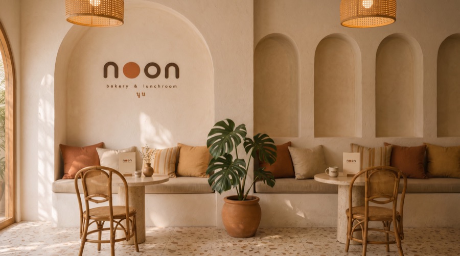 the lounge corner with linen cushions beneath the noon wordmark