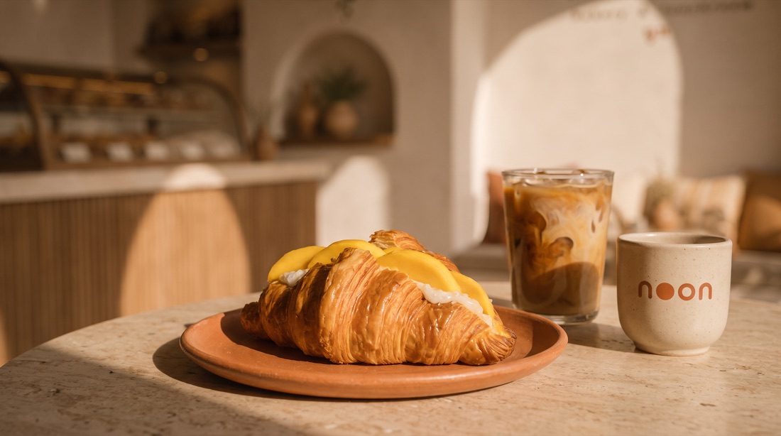 mango sticky rice croissant on a terracotta plate with an iced latte