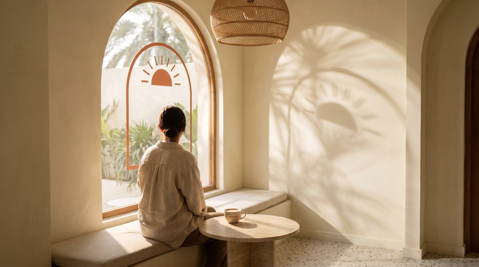 the window seat at noon: someone in linen at a small travertine table with a noon cup, sunlight through the arched window