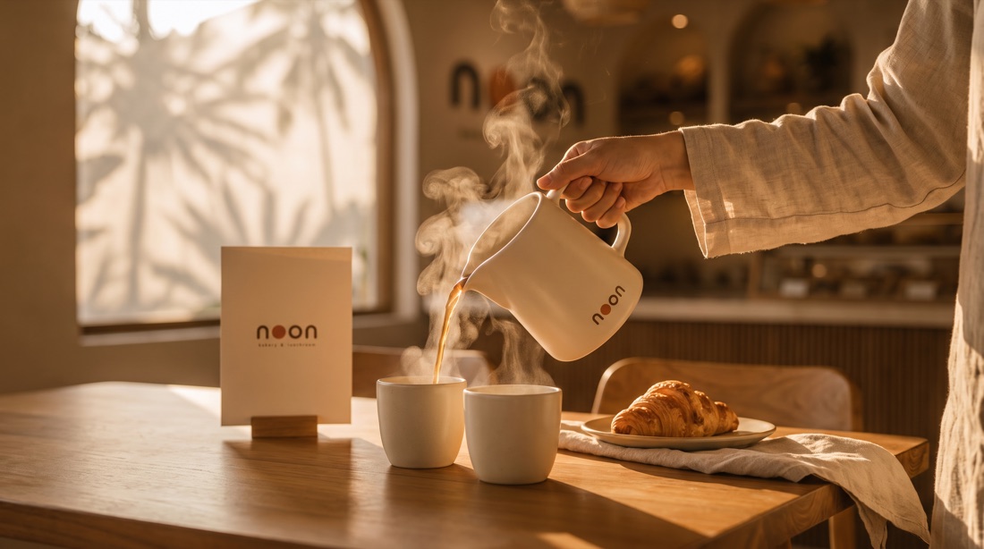 coffee being poured into a noon cup, steam in the morning light