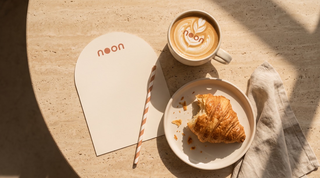 flat lay on travertine: flat white in a noon cup, torn croissant and the arch-shaped menu card
