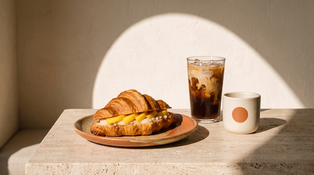 croissant with mango on a terracotta plate next to an iced latte, the counter behind