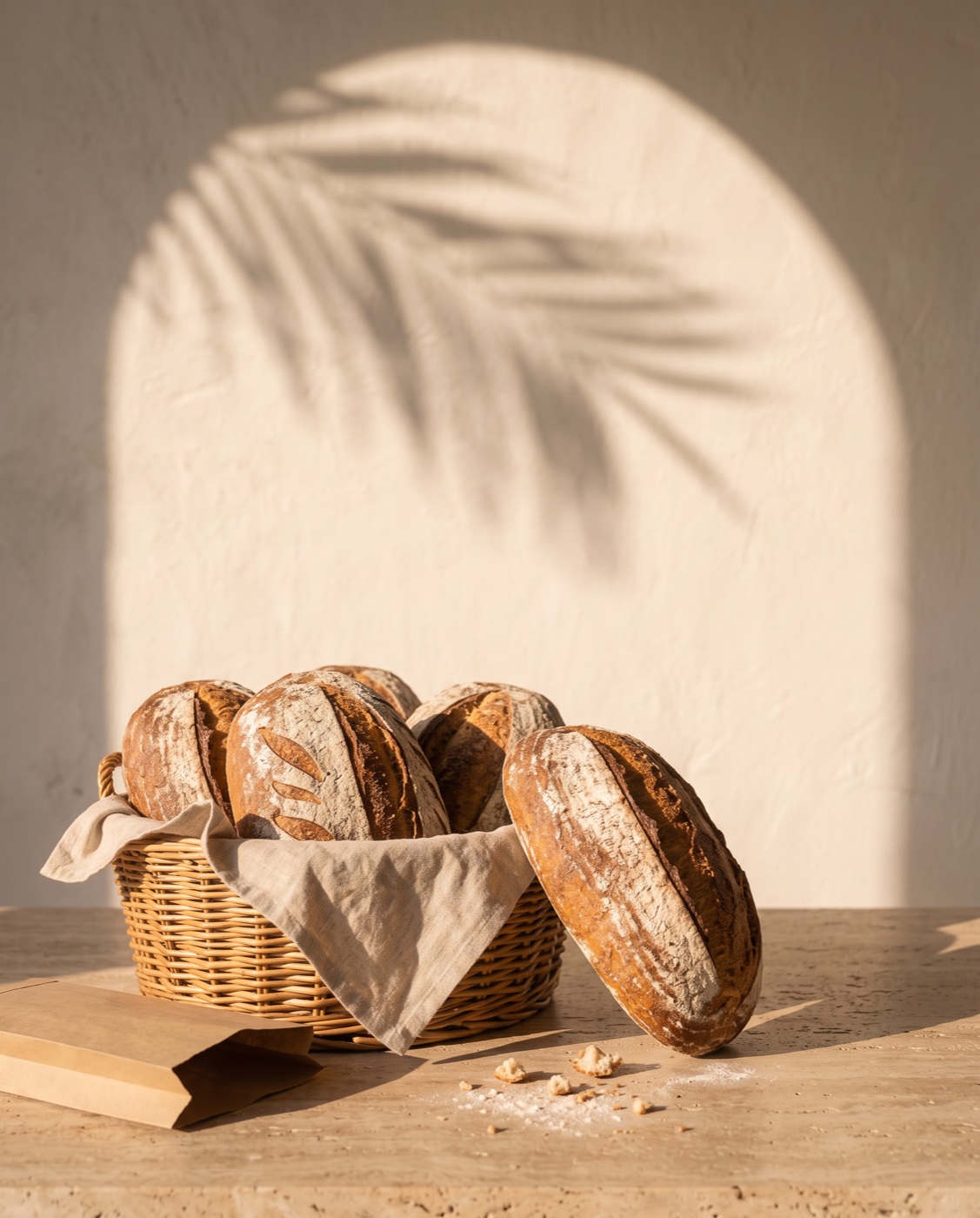 a rattan basket lined with linen, filled with rustic sourdough loaves