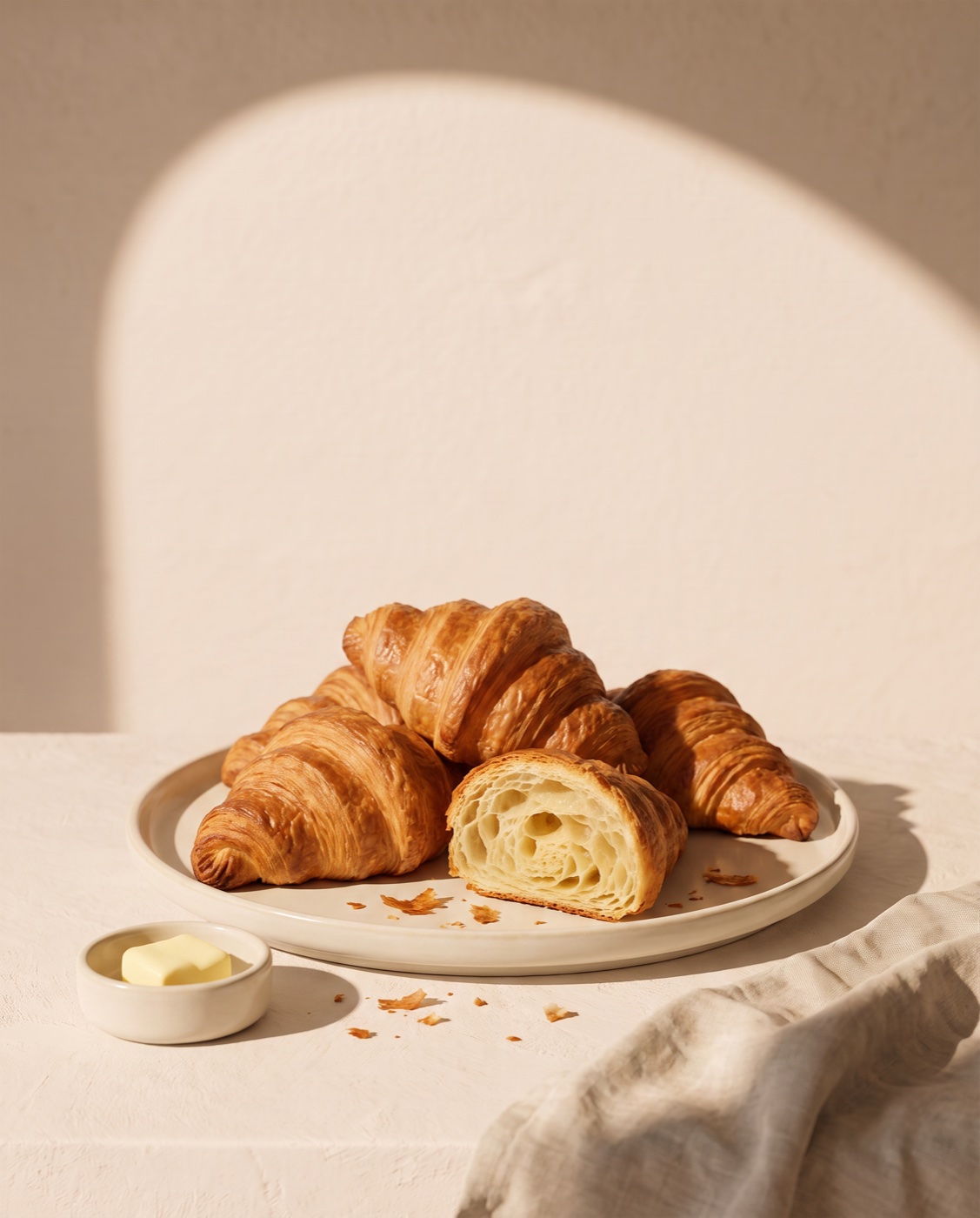 golden butter croissants arranged on a cream ceramic platter, one broken open