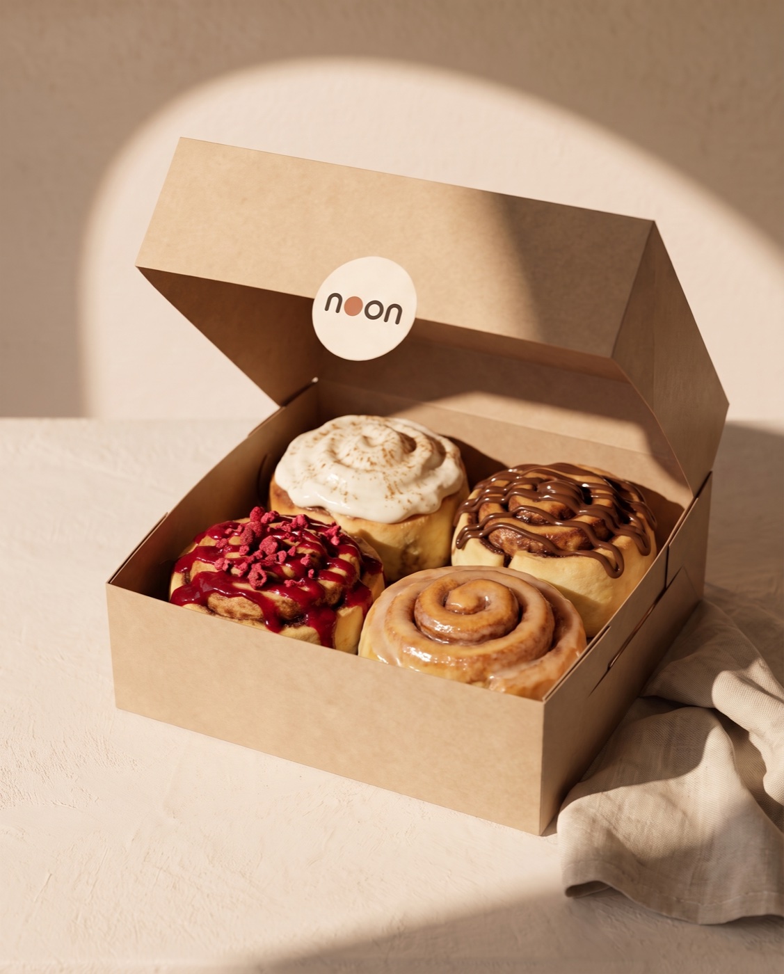 an open noon box with four cinnamon rolls — cream cheese, chocolate-hazelnut, berry, and classic glaze