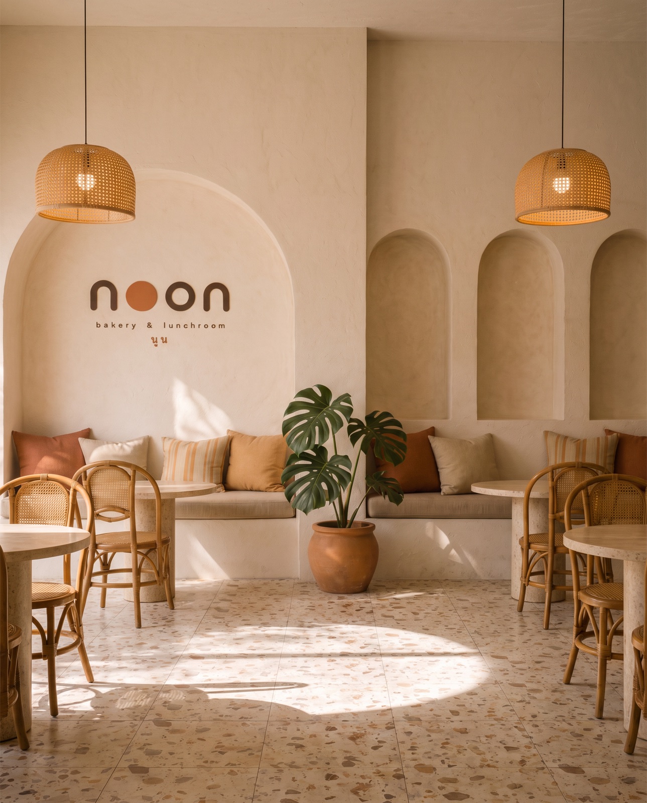 the noon dining room at midday: the wordmark in an arched niche, rattan chairs and travertine tables, and a pool of sunlight on the terrazzo floor