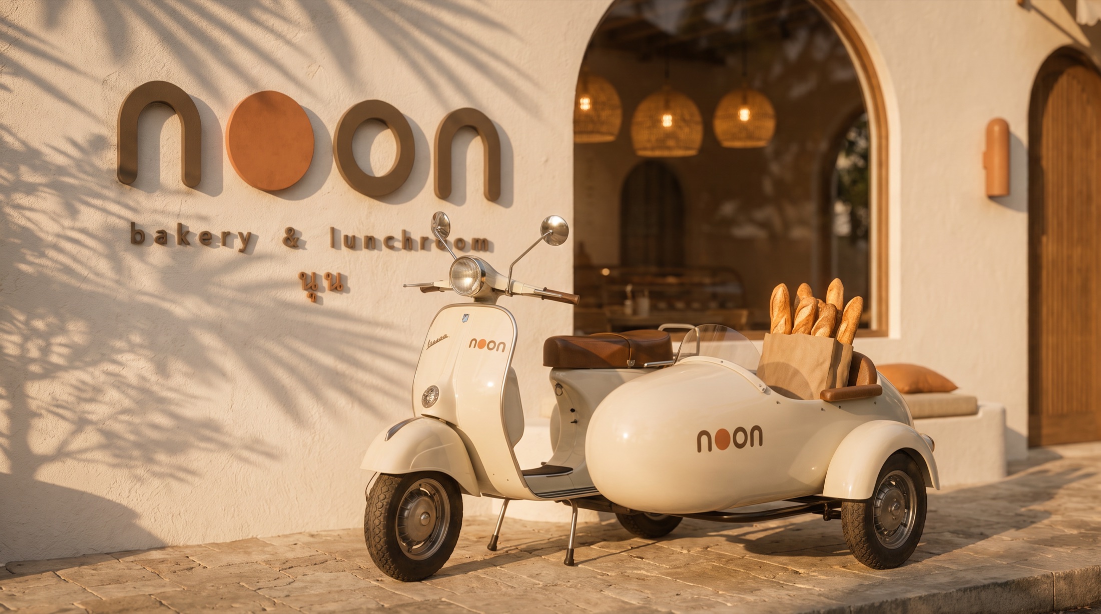 a cream vespa with a sidecar full of baguettes parked in front of the noon facade at golden hour